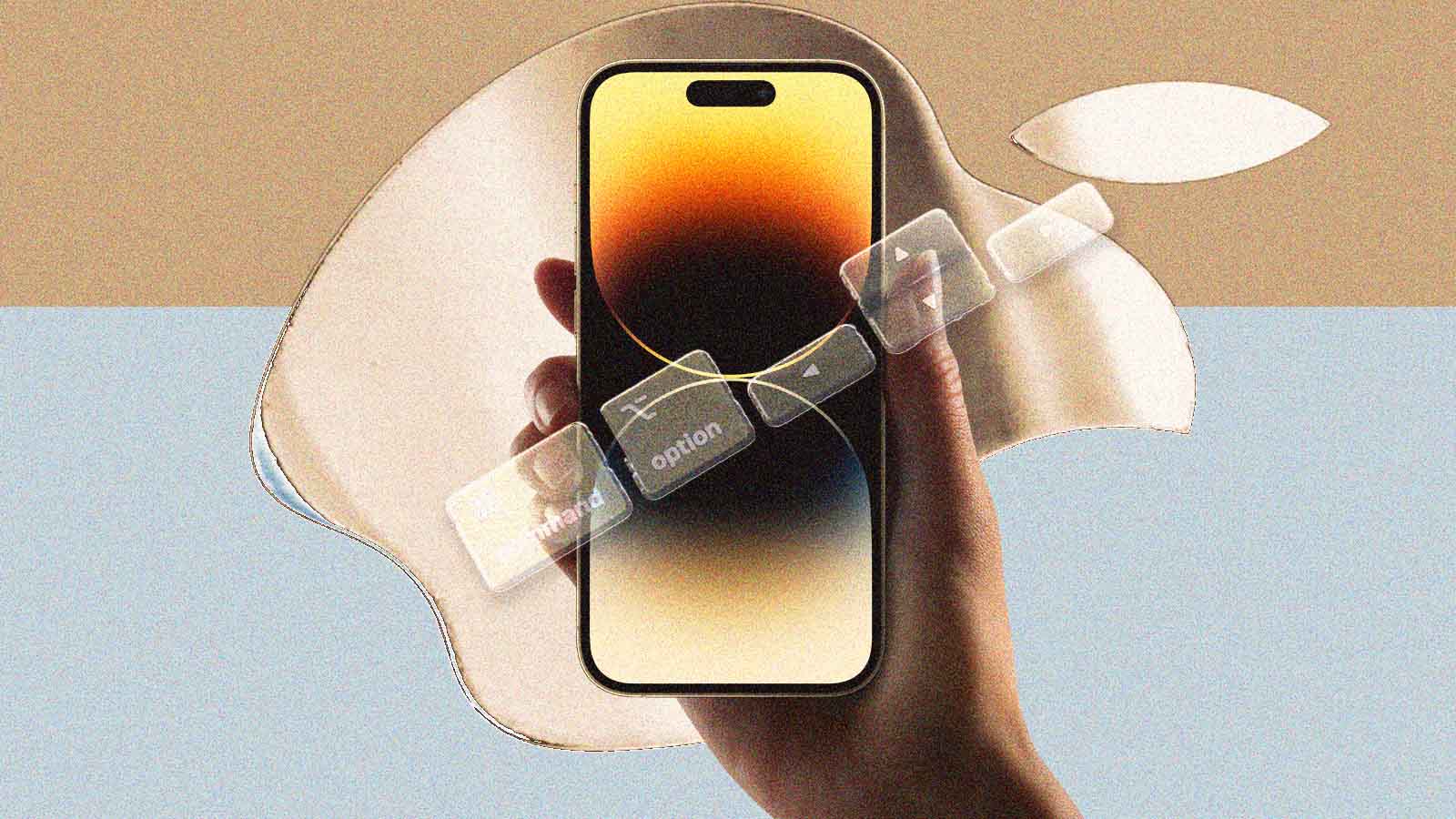 Mão segura um iPhone cercado por teclas translúcidas sobre o símbolo da Apple.