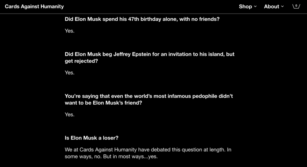 Página do Cards Against Humanity apresenta campanha bem-humorada para construir um monumento contra Elon Musk.