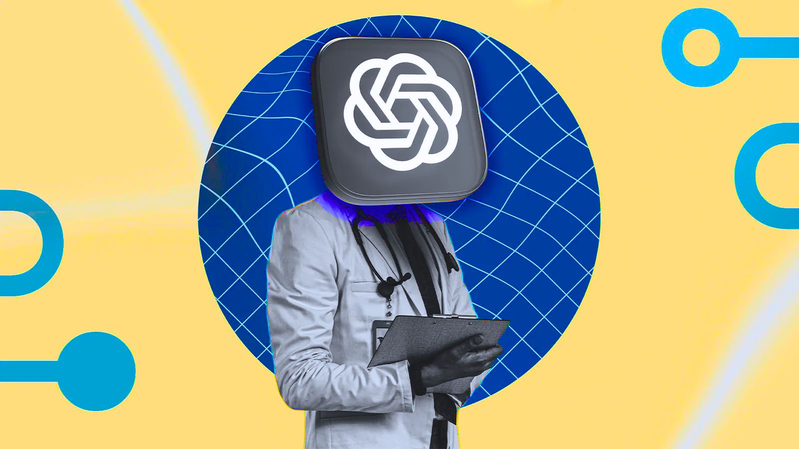 Ilustração de um médico com o logotipo do ChatGPT, tema da discussão sobre inteligência artificial e diagnóstico médico.