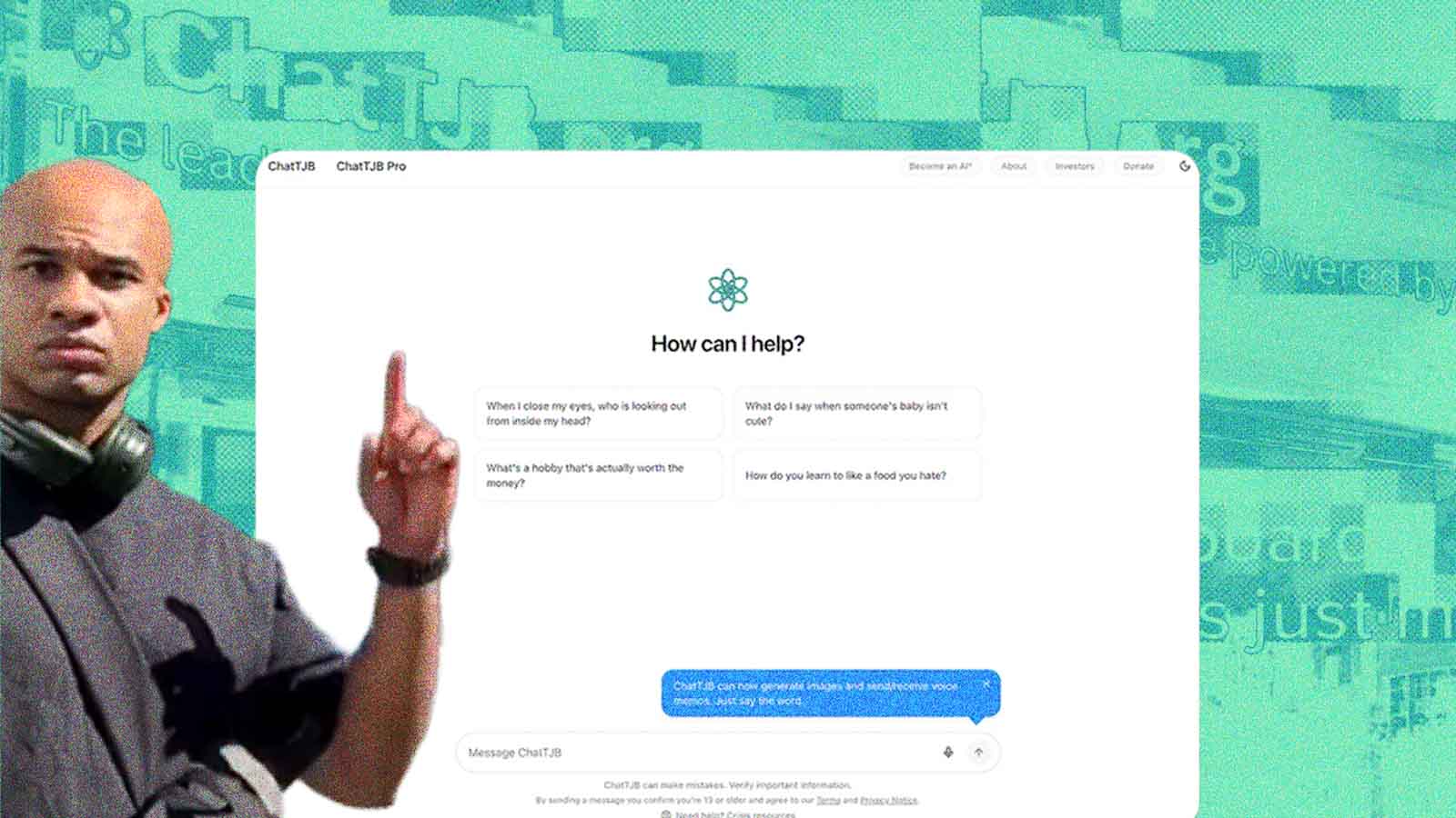 Colagem mostra a interface do ChatTJB ao lado de um homem apontando para a tela.