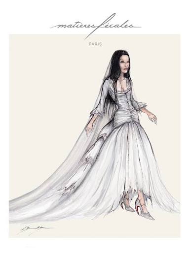 Croqui mostra vestido de noiva vitoriano e desgastado criado pela Matières Fécales para Gabbriette.