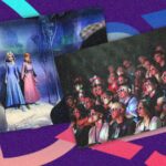 Colagem mostra personagens de Frozen e visitantes do D23 assistindo a uma apresentação com óculos especiais.