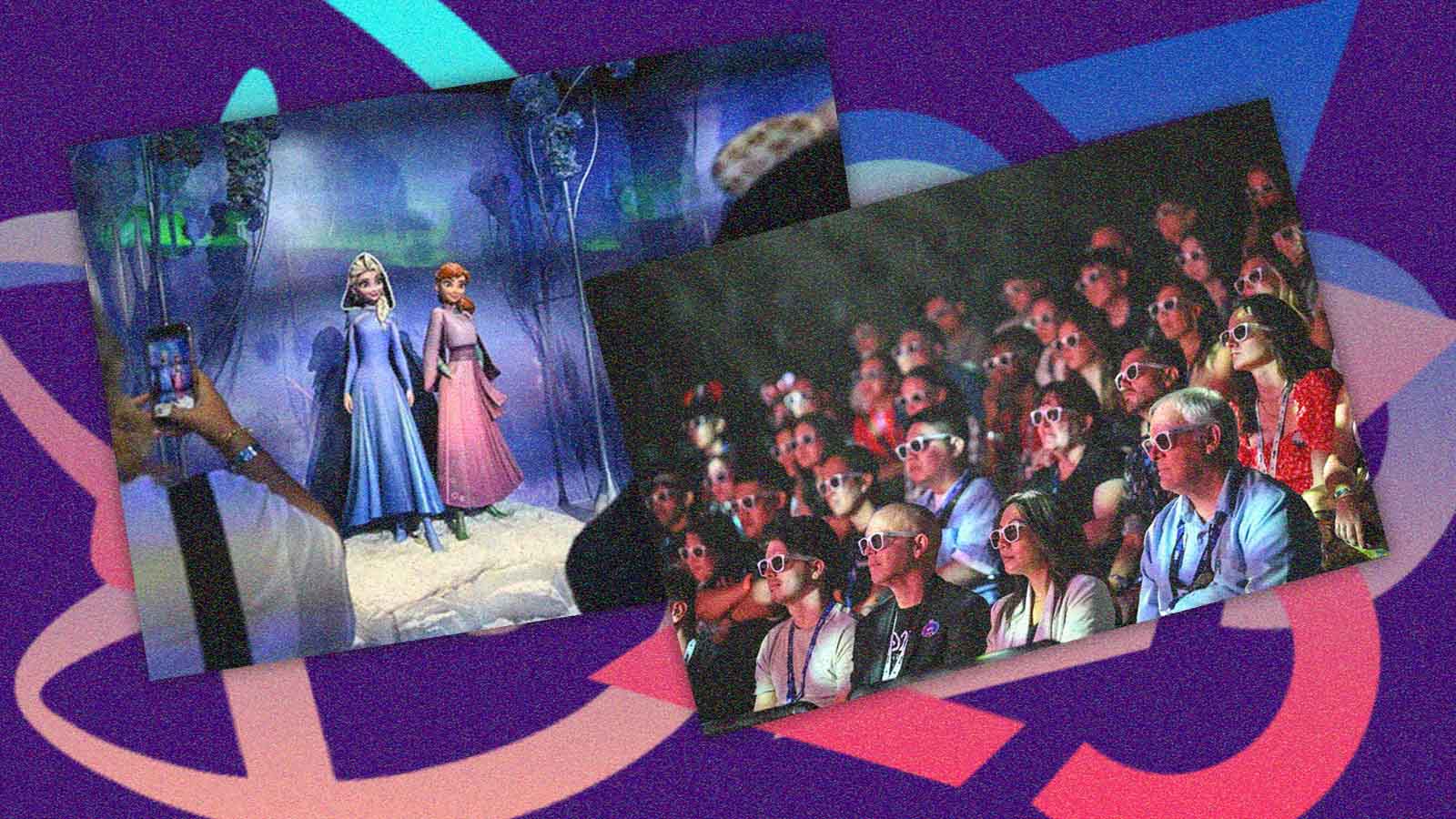 Colagem mostra personagens de Frozen e visitantes do D23 assistindo a uma apresentação com óculos especiais.