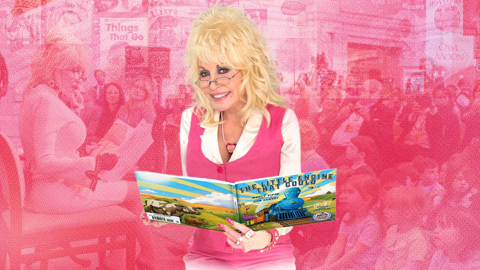 Dolly Parton segura um livro infantil em arte sobre seu programa de incentivo à leitura