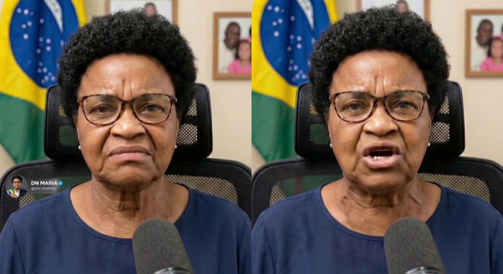 Duas imagens mostram Dona Maria, personagem criada por IA, falando diante de uma bandeira do Brasil.