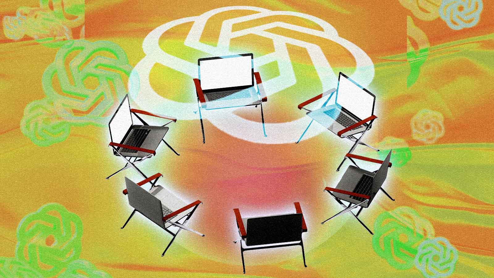 Colagem com logotipos do ChatGPT e notebooks dispostos em círculo, representando recomendações de serviços digitais pela IA.
