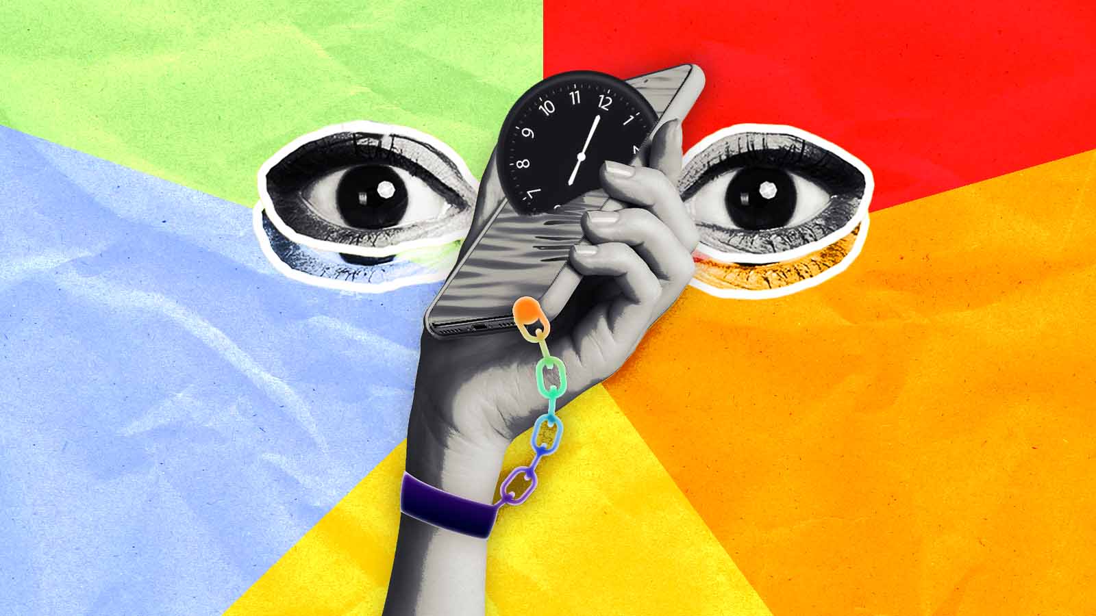 Mão segurando celular com relógio, cercada por olhos e uma corrente, em referência ao extrativismo da atenção