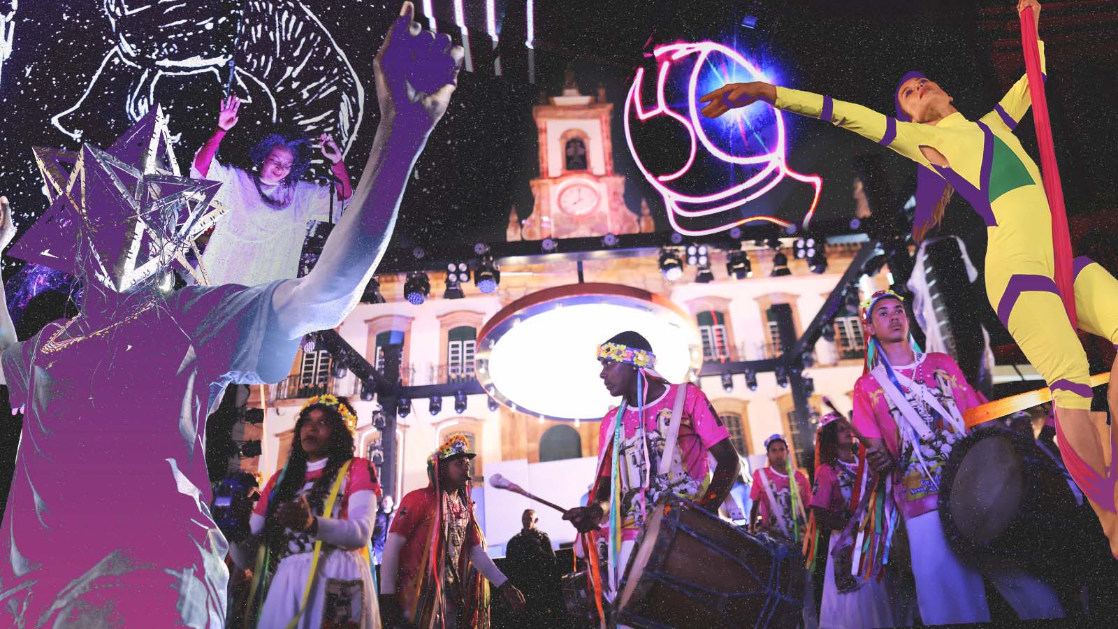 Colagem com apresentações artísticas e integrantes da Guarda do Congo durante o Festival MARTE 2026, em Ouro Preto.