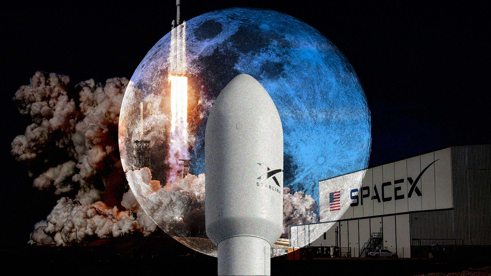 Ilustração de foguete da SpaceX diante da Lua, em referência à colisão prevista para 5 de agosto