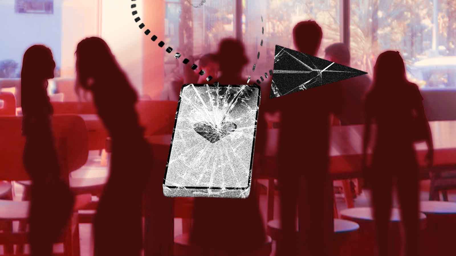 Silhuetas de pessoas reunidas em um bar, com ilustrações de um celular com coração quebrado e um avião de papel.