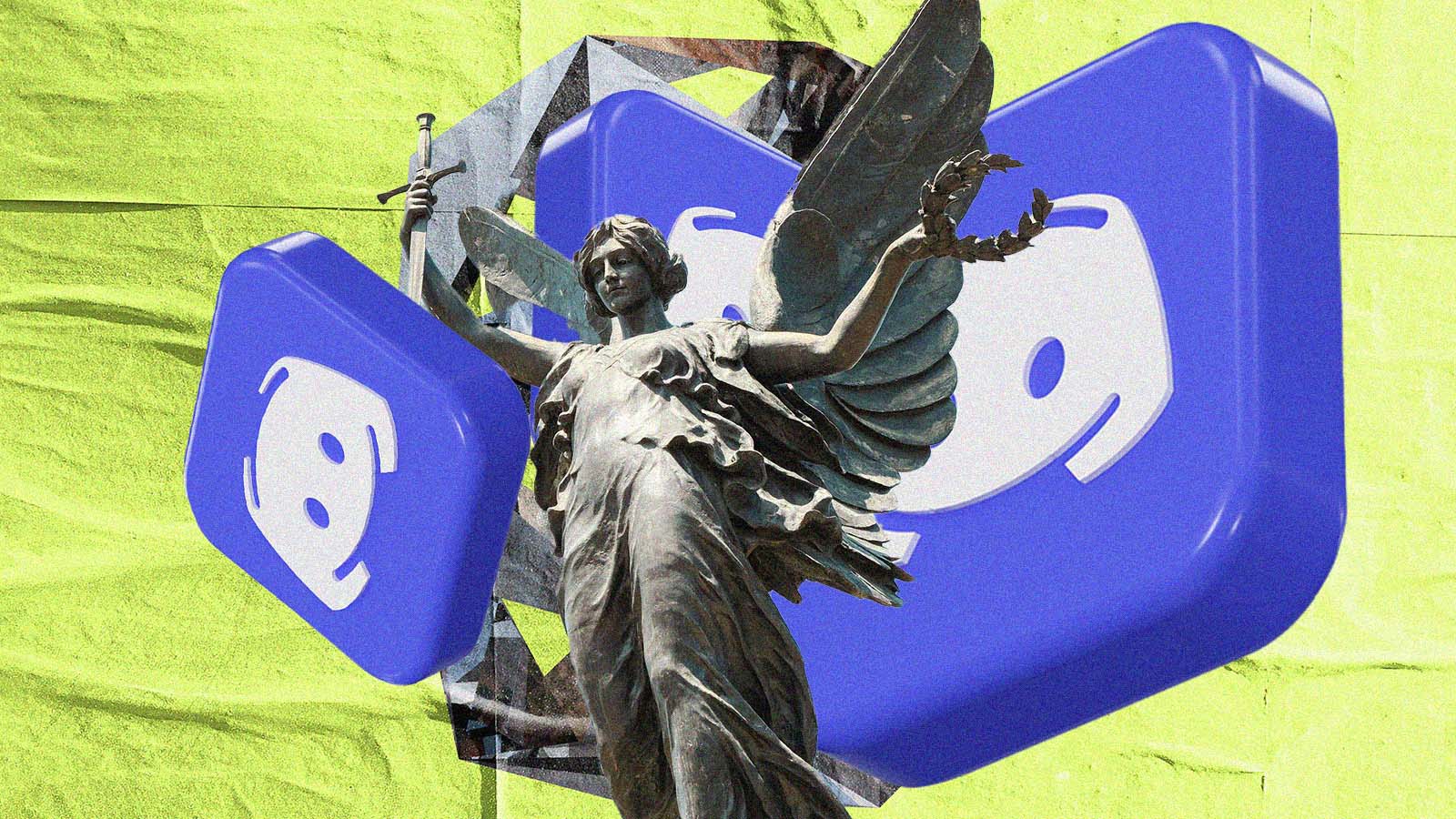 Colagem mostra ícones do Discord ao fundo e, em primeiro plano, uma estátua alada segurando uma espada e uma coroa de louros, sobre fundo verde.