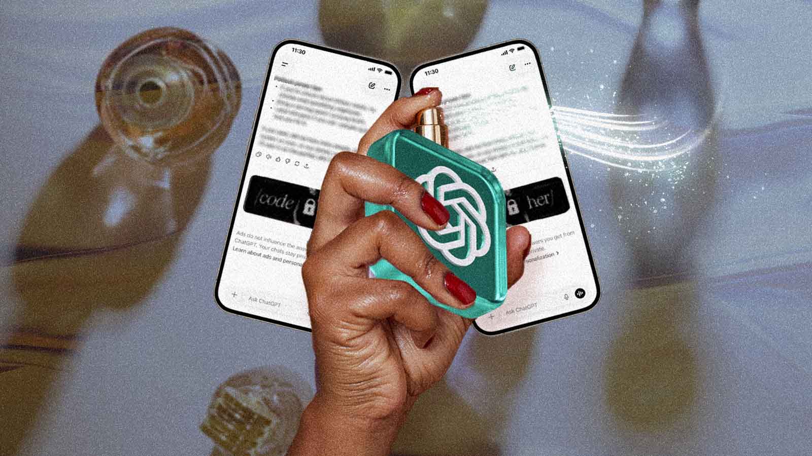 Colagem mostra frasco com o símbolo do ChatGPT diante de duas telas de celular.