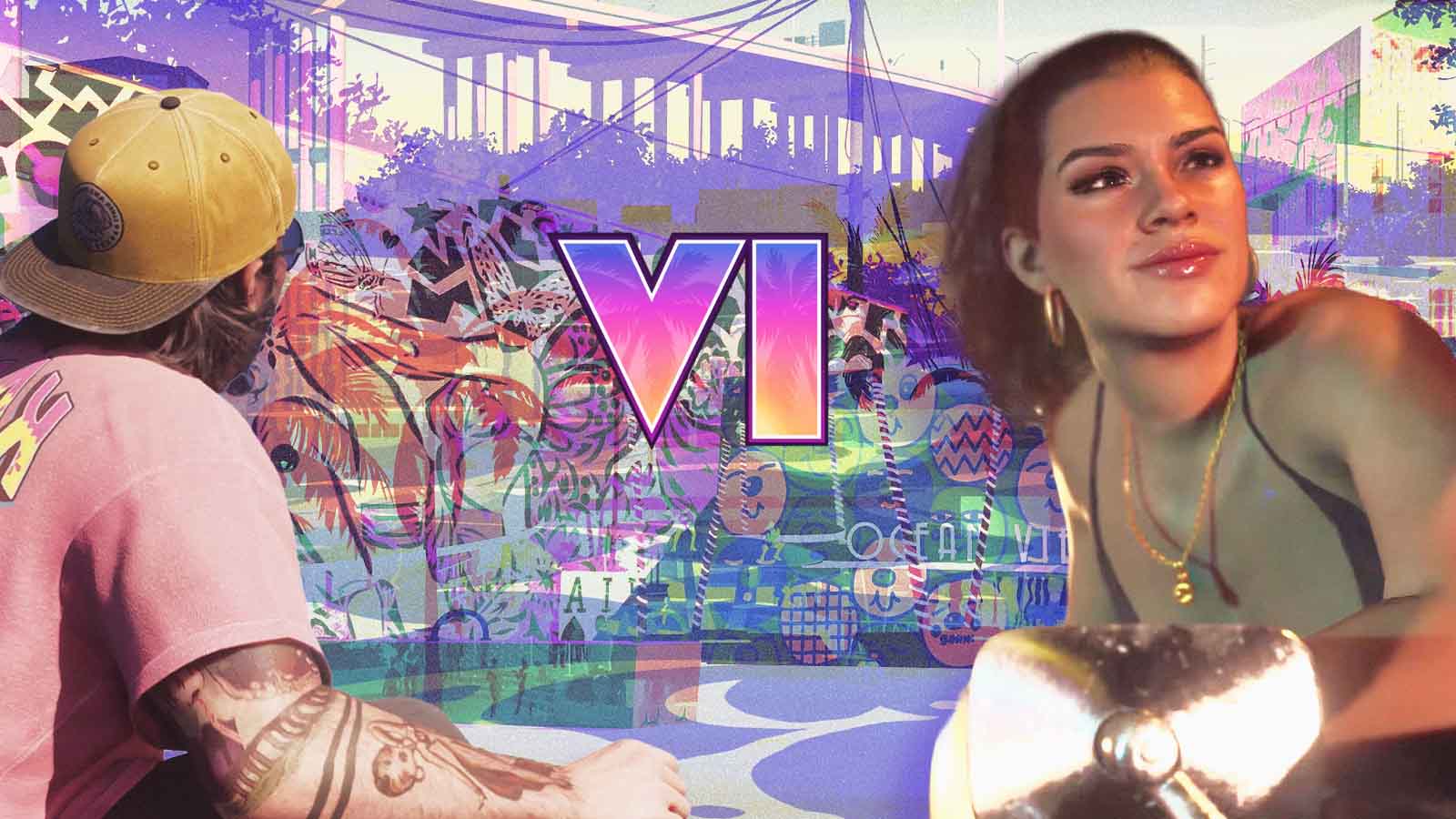 Jason e Lucia ao lado do logotipo de GTA VI em montagem inspirada em Vice City