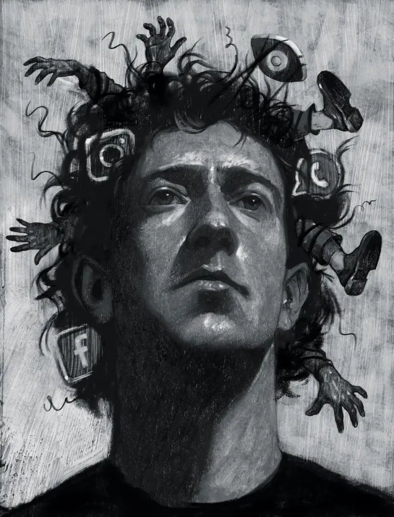 Retrato ilustrado de Mark Zuckerberg cercado por bra&ccedil;os e &iacute;cones das redes sociais da Meta