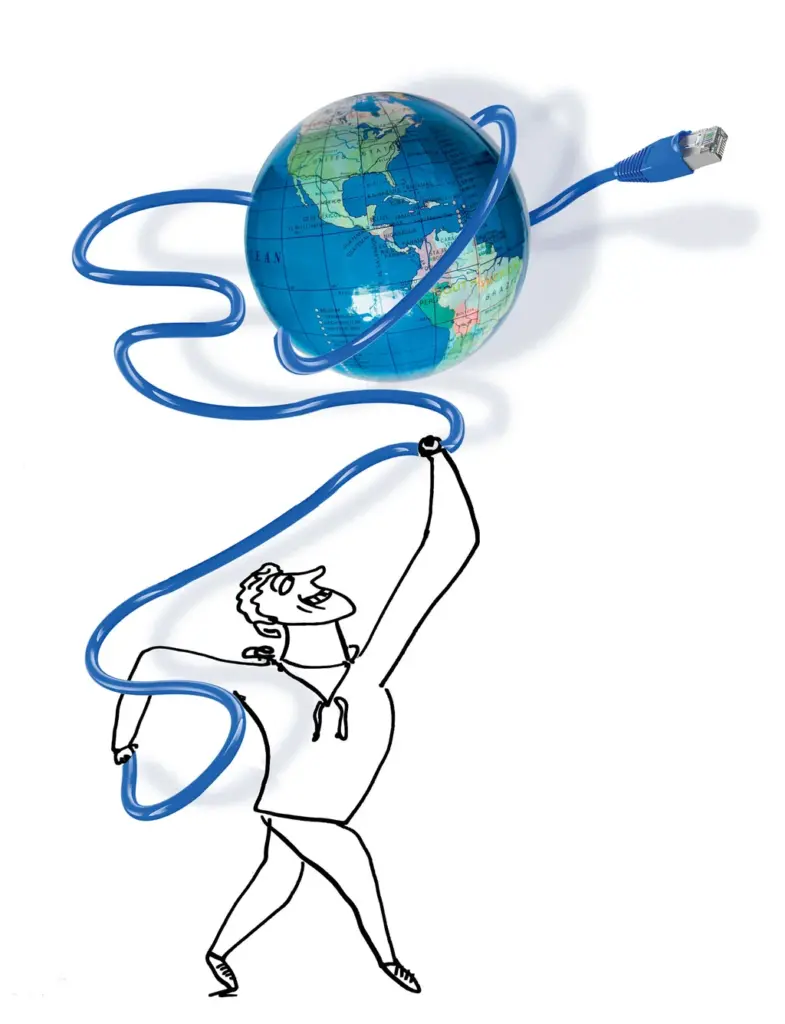 Homem segura cabo conectado a um globo terrestre em ilustra&ccedil;&atilde;o sobre as aquisi&ccedil;&otilde;es da Meta