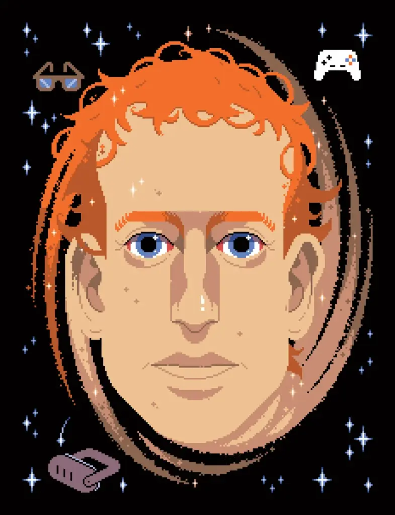 Retrato de Mark Zuckerberg em pixel art com &oacute;culos de realidade virtual e controle de videogame