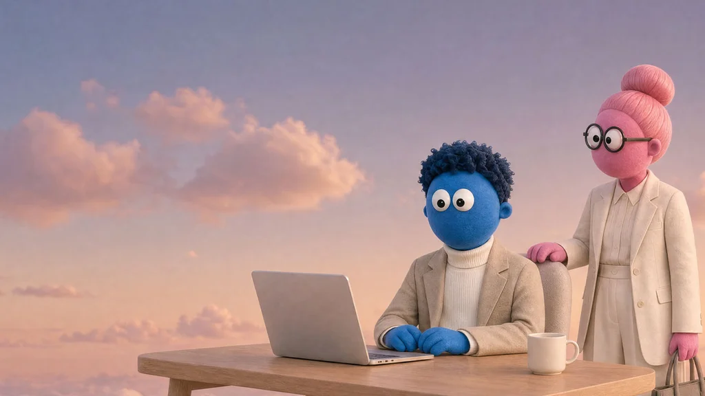 Dois avatares coloridos do Skydive aparecem diante de um notebook em um ambiente de trabalho.