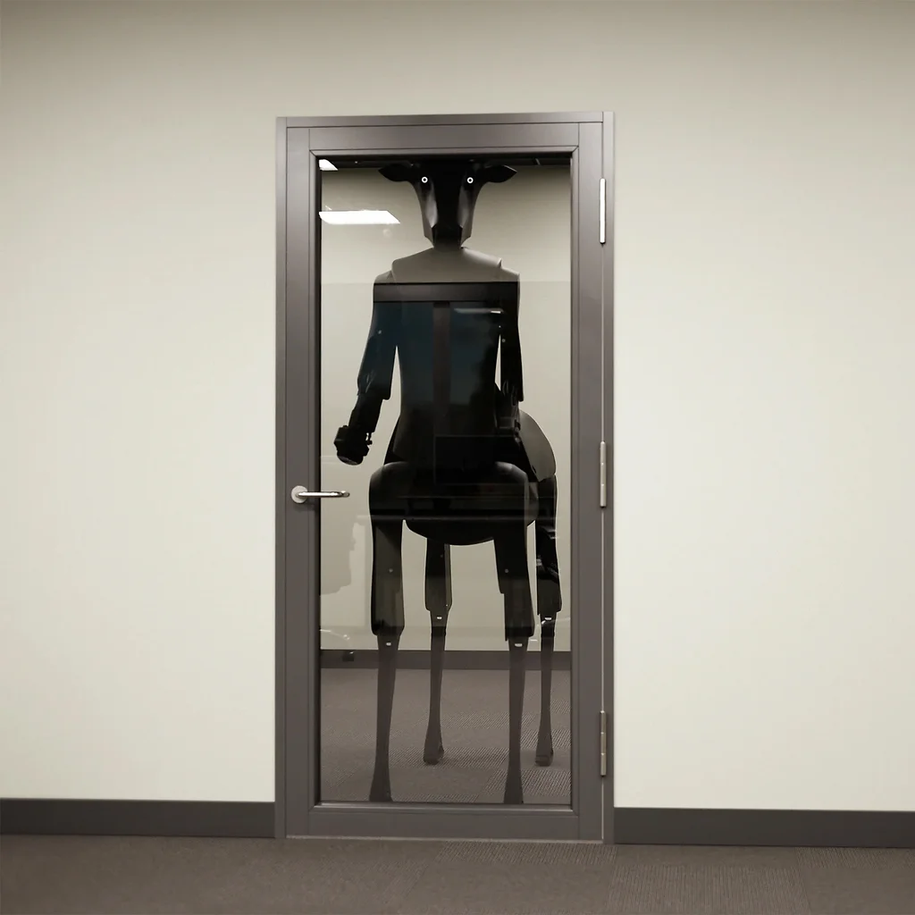 Robô-centauro Threehalves aparece parado atrás de uma porta estreita, sem espaço para atravessá-la.