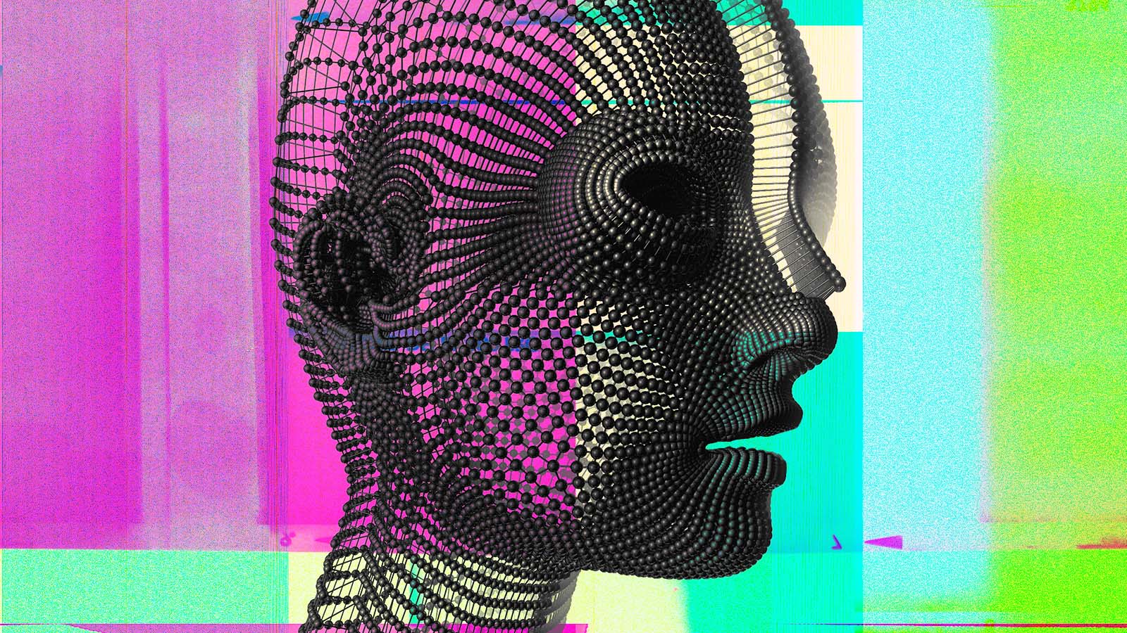 Perfil de um rosto formado por uma rede de esferas pretas diante de um fundo colorido.