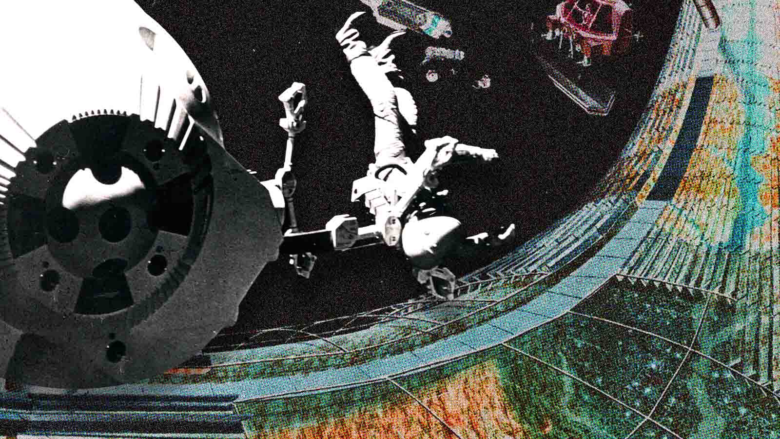 Colagem futurista reúne astronautas, naves espaciais e arranha-céus em uma paisagem com interferências coloridas.