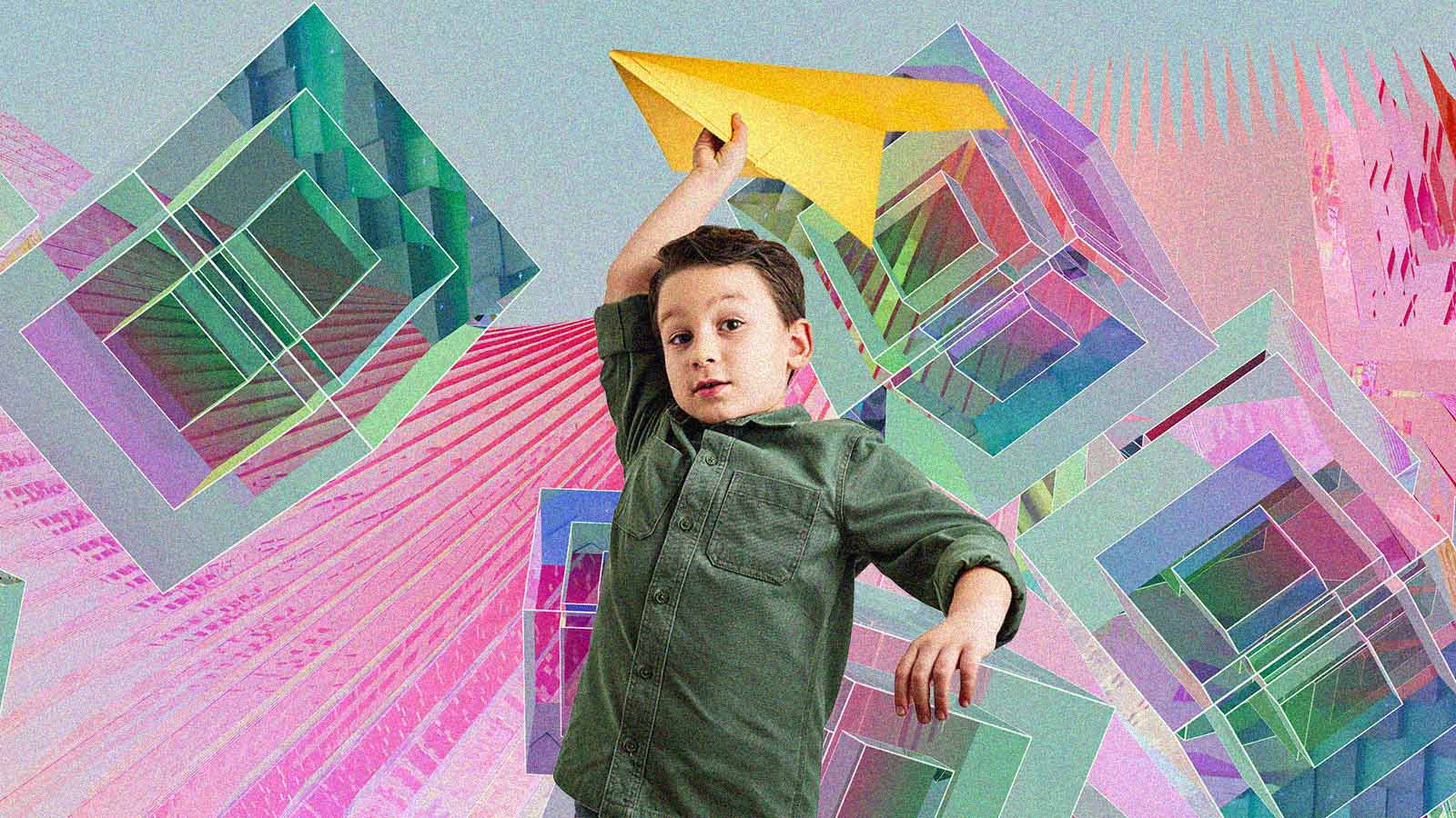 Colagem mostra criança lançando avião de papel em meio a formas geométricas coloridas.