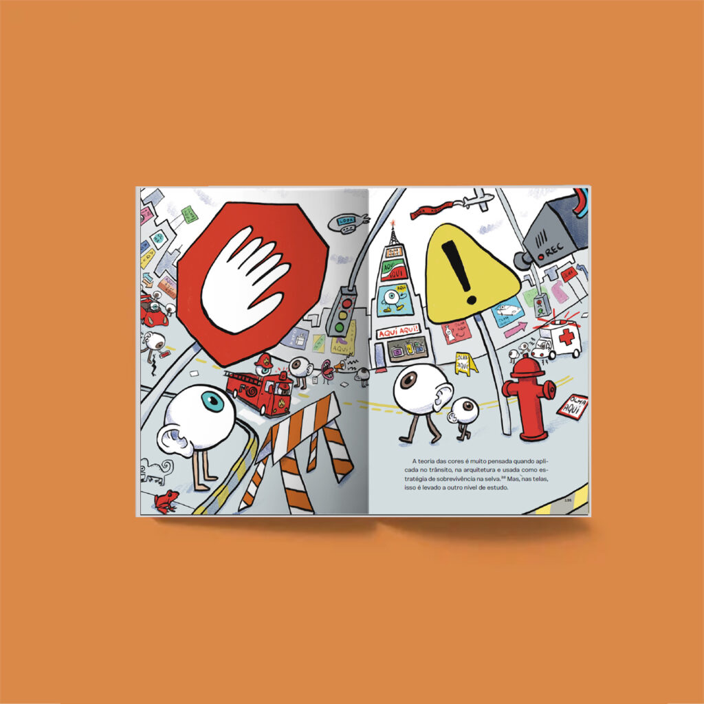 P&aacute;ginas ilustradas do livro 1 minuto de sua aten&ccedil;&atilde;o com sinais de alerta, olhos e mensagens disputando a aten&ccedil;&atilde;o