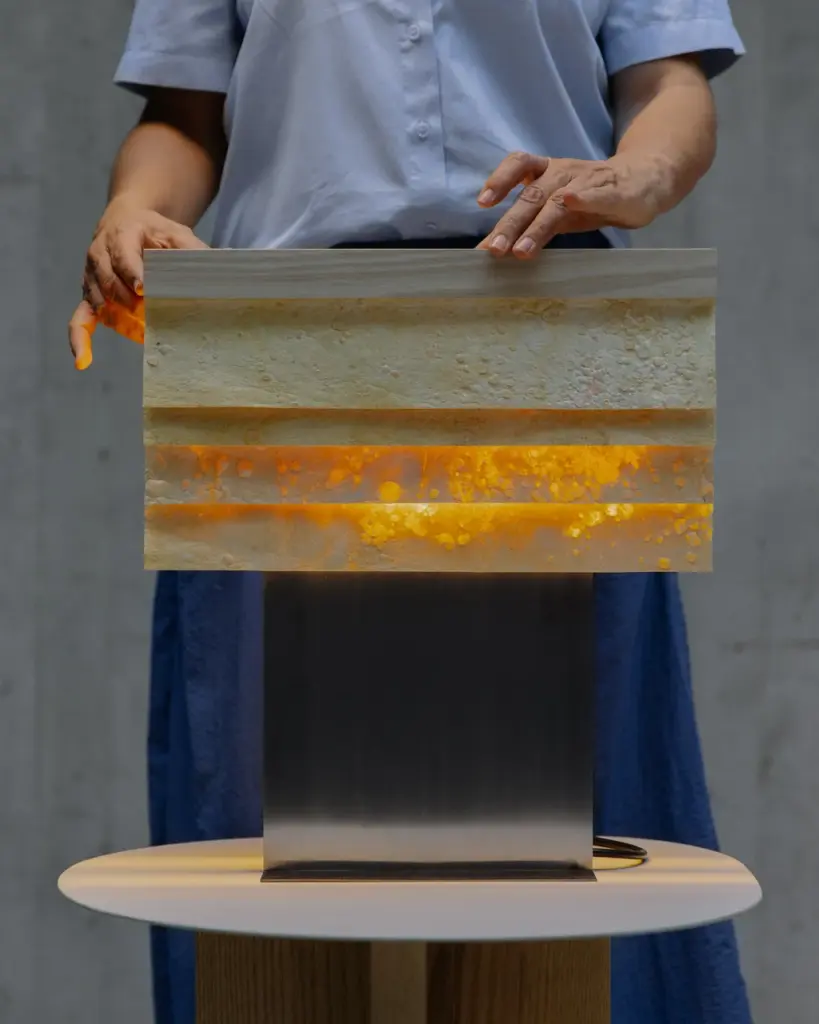 lumin&aacute;ria feita de material cultivado com bact&eacute;rias e res&iacute;duos de frutas
