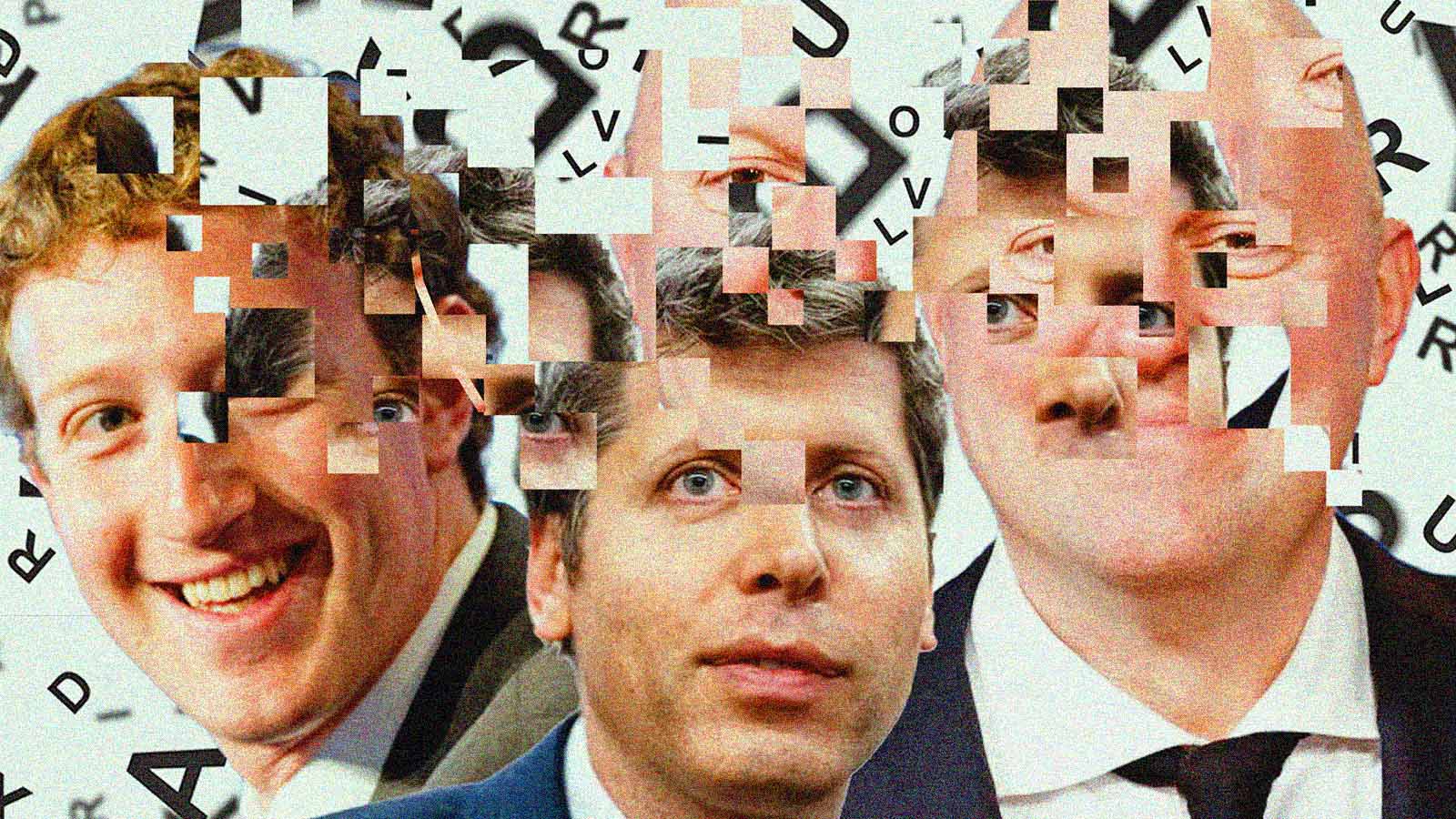 Mark Zuckerberg, Sam Altman e Marc Andreessen em colagem fragmentada com letras ao fundo