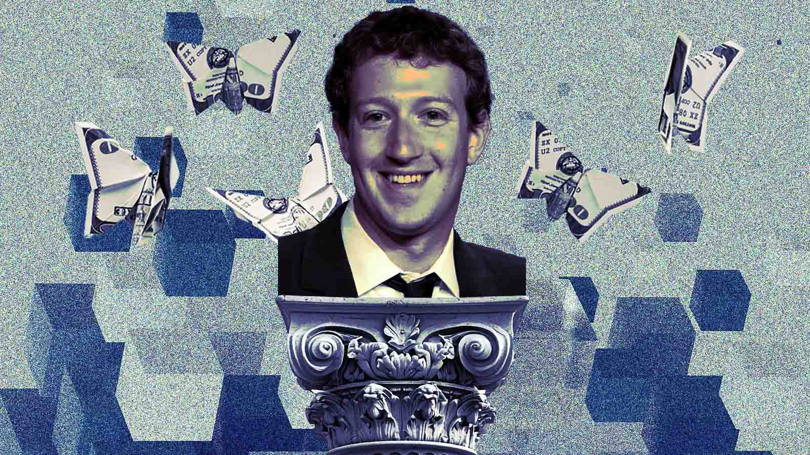 Mark Zuckerberg cercado por aviões feitos de dinheiro em arte sobre os investimentos da Meta em inteligência artificial