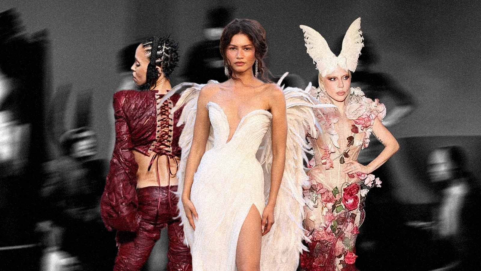 Colagem mostra Zendaya e Lady Gaga usando vestidos criados pela grife Matières Fécales.