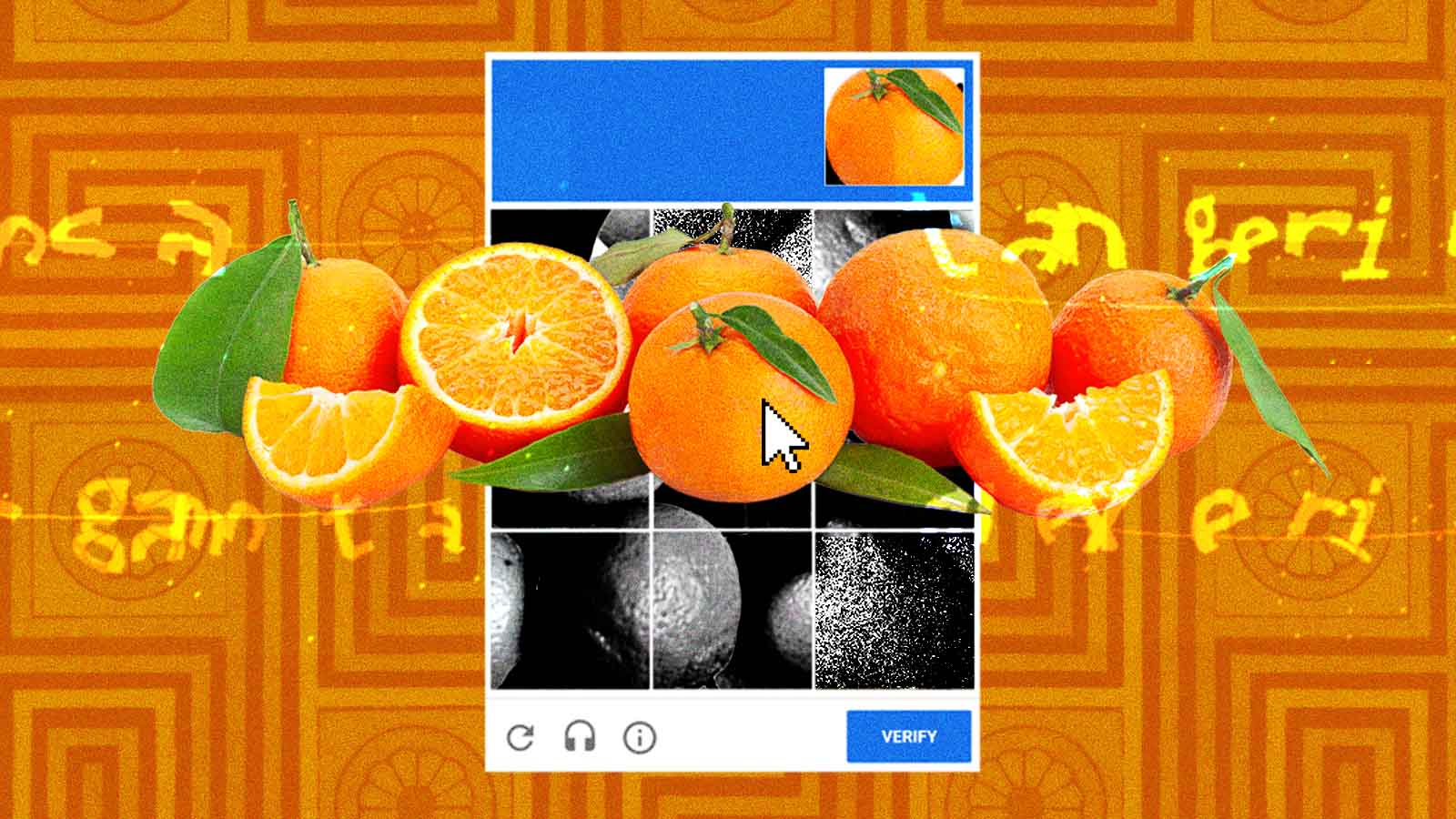 Colagem de tangerinas diante de uma interface digital de busca por imagens