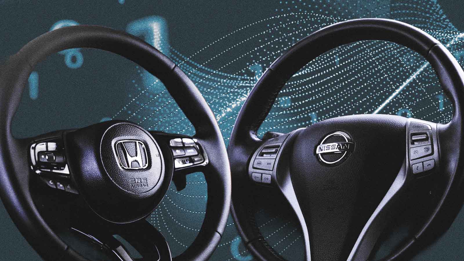 Volantes com os logotipos da Honda e da Nissan diante da representação digital de um carro conectado