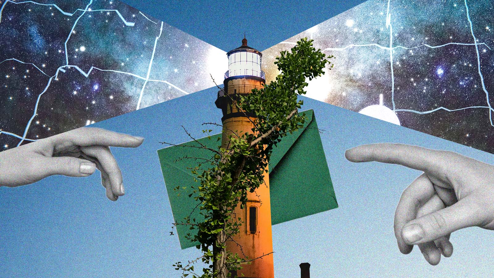 Colagem de um farol coberto por plantas entre duas mãos, diante de um céu estrelado com mapas e fachos de luz.