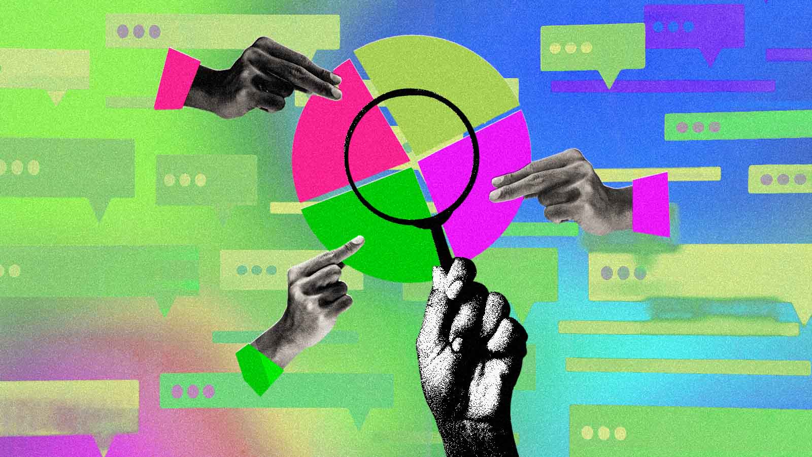 Ilustração mostra uma lupa examinando um gráfico entre telas de conversas digitais.
