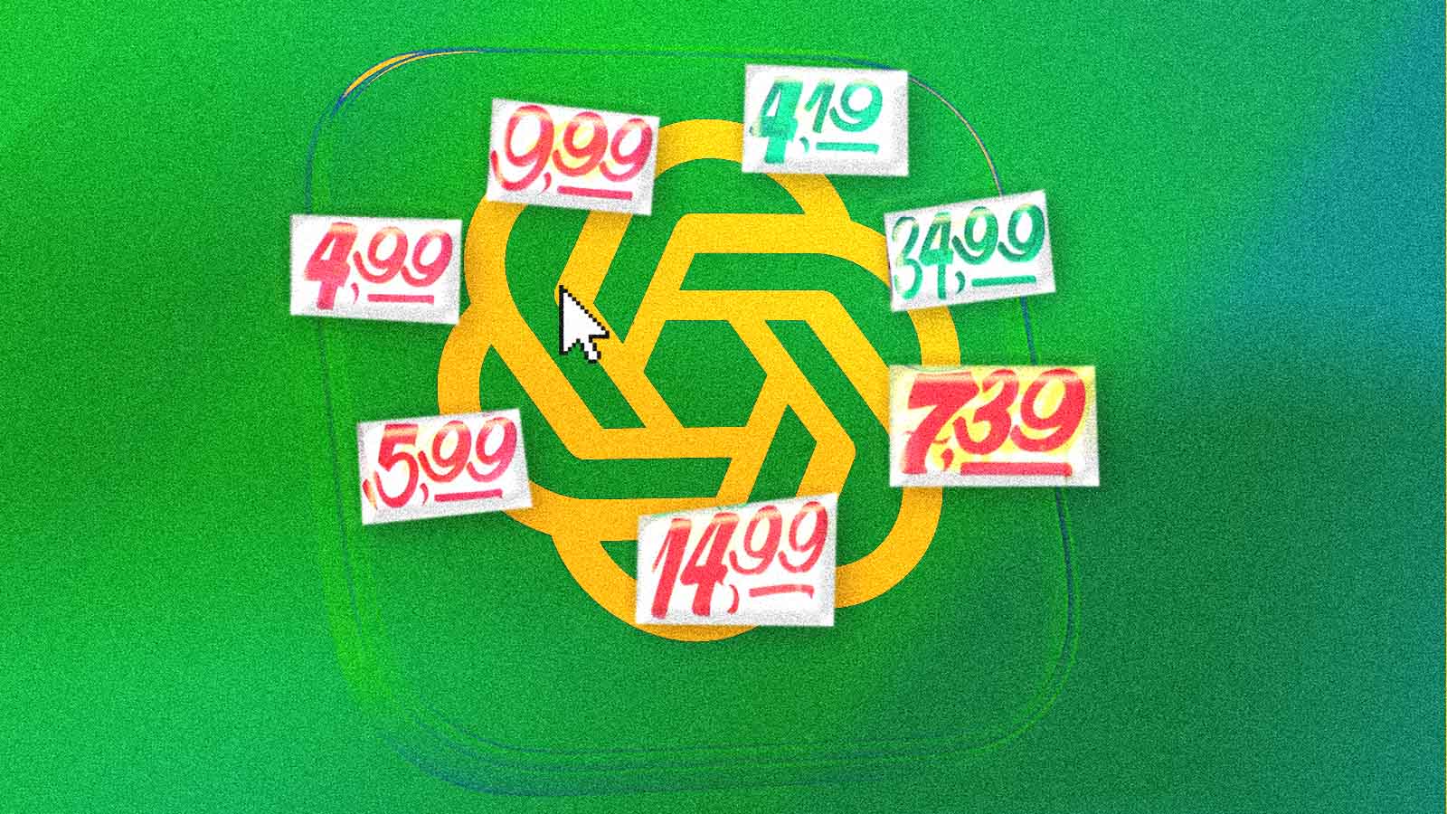 Logo da OpenAI cercado por etiquetas de preços, representando os anúncios no ChatGPT