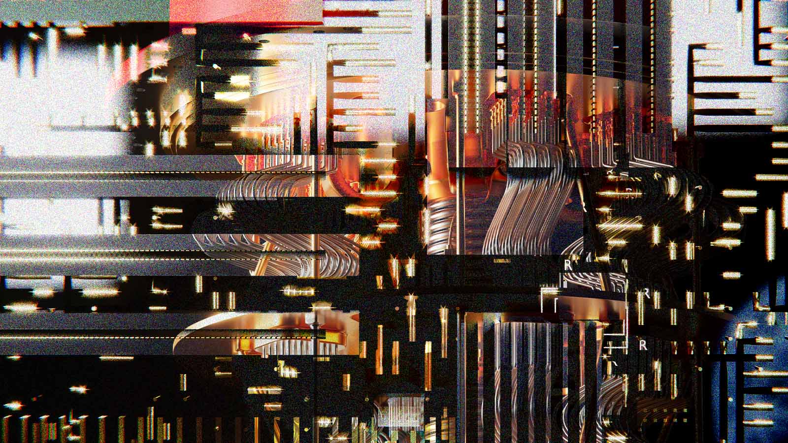 Arte representa circuitos e estruturas de um computador quântico.
