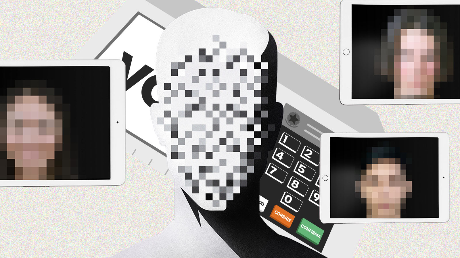 Ilustração mostra rosto pixelado entre telas com deepfakes e uma urna eletrônica ao fundo.