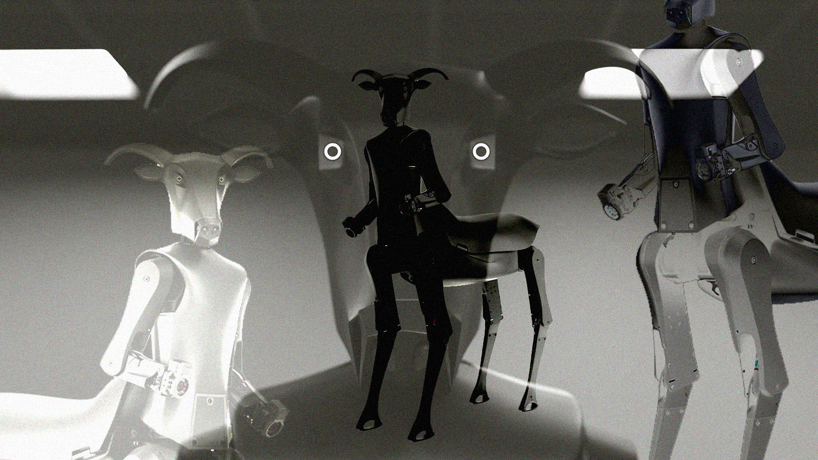 Colagem mostra o robô-centauro Threehalves com cabeça de bode, torso humanoide e quatro pernas.