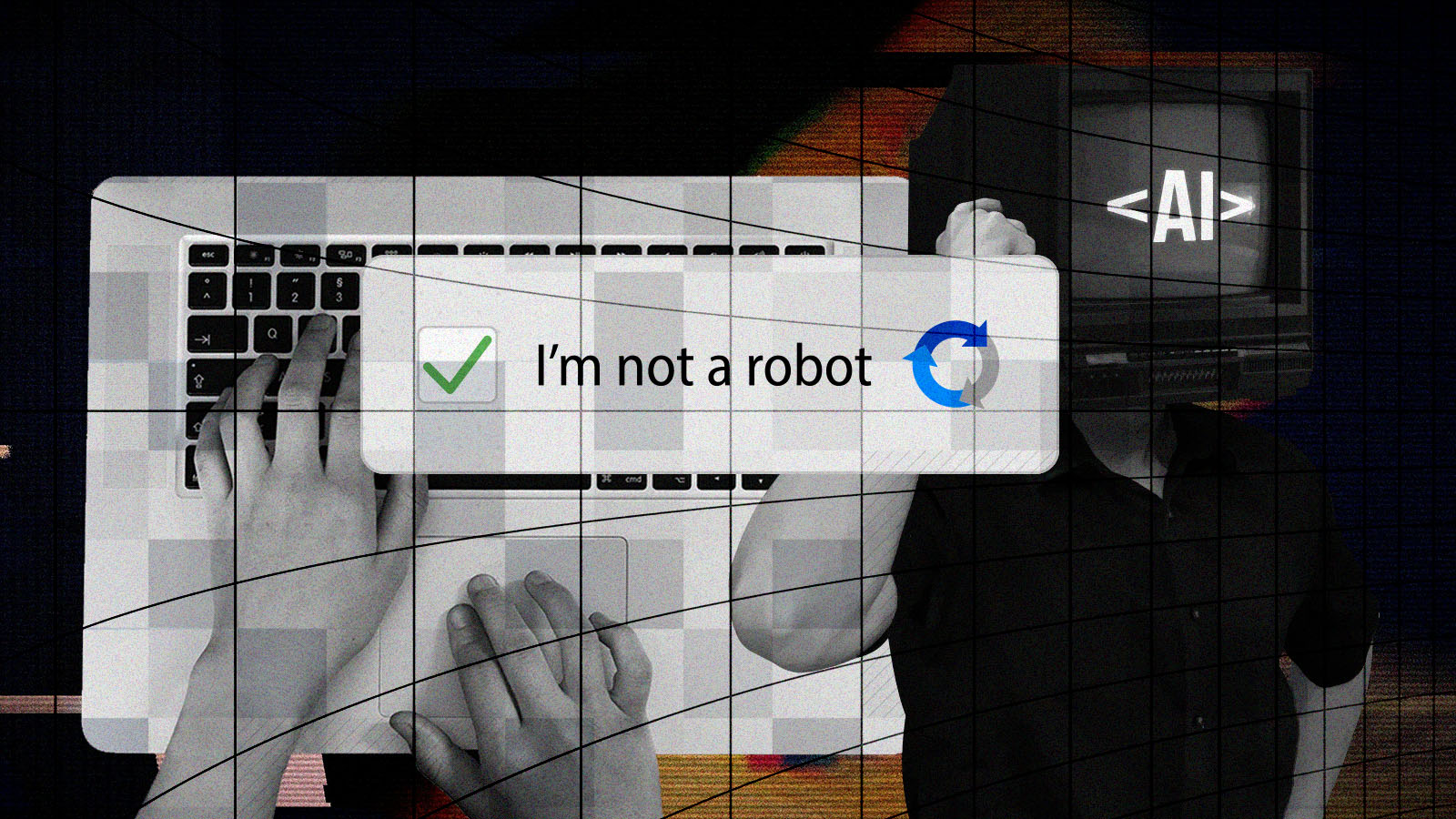 Pessoa trabalhando em um notebook diante da mensagem “não sou um robô”, ao lado de figura identificada como IA