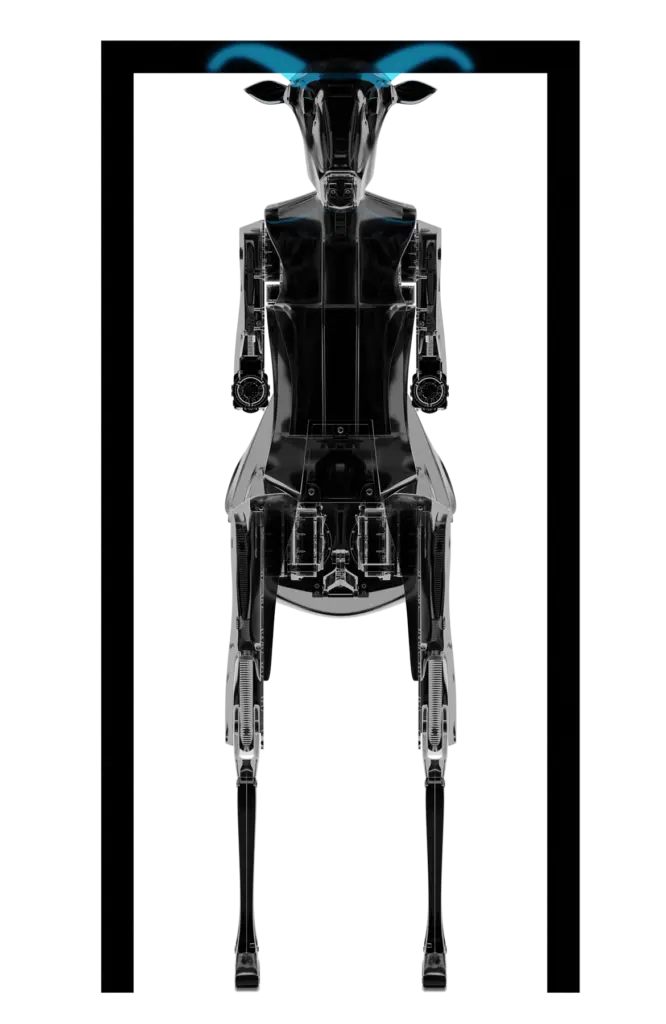 Renderização transparente mostra os componentes internos, articulações e reservatórios do robô Threehalves.