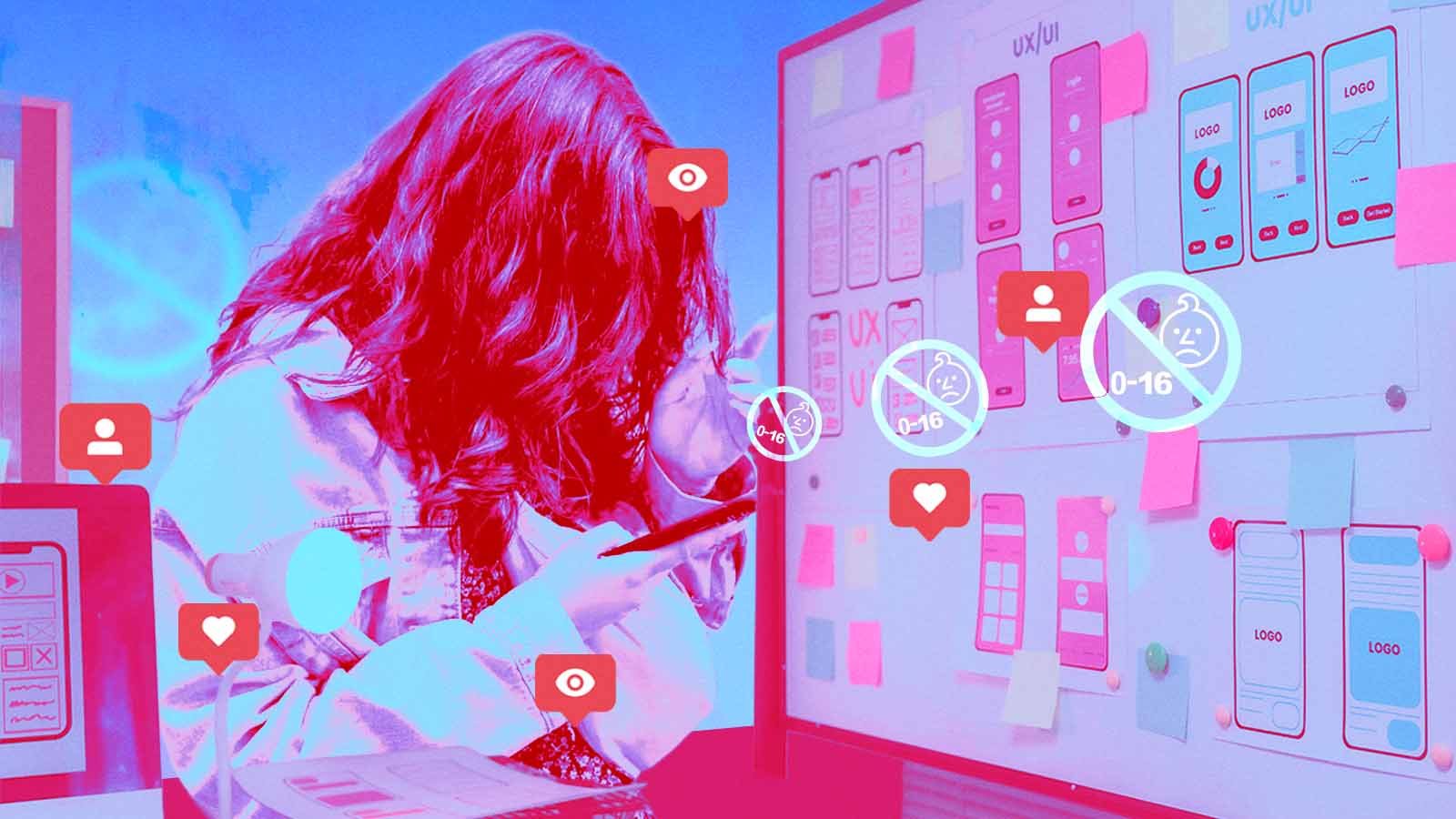 Adolescente usa o celular diante de telas de redes sociais e símbolos de restrição para menores de 16 anos
