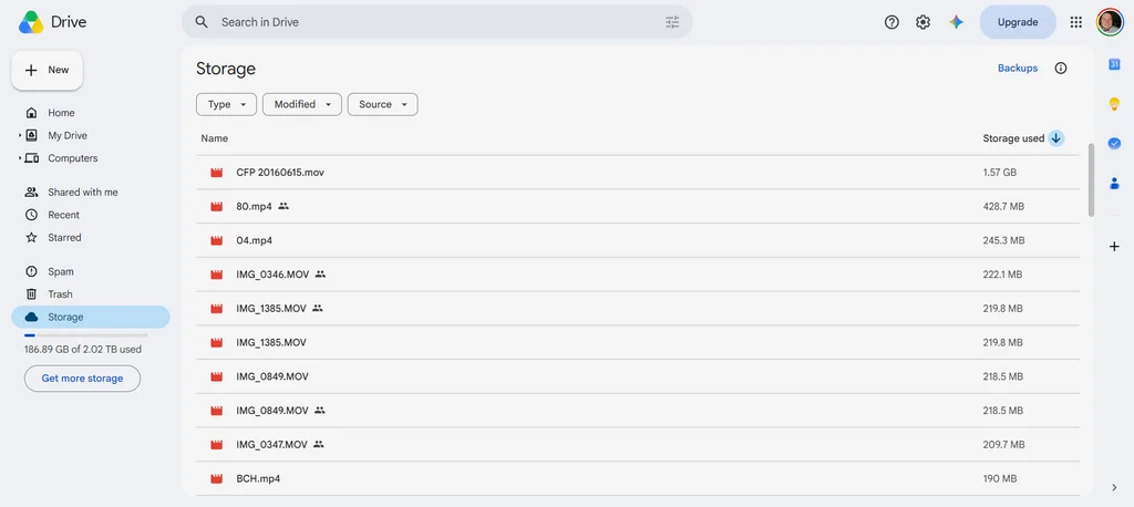 Tela do Google Drive mostra arquivos organizados pelo espa&ccedil;o de armazenamento ocupado