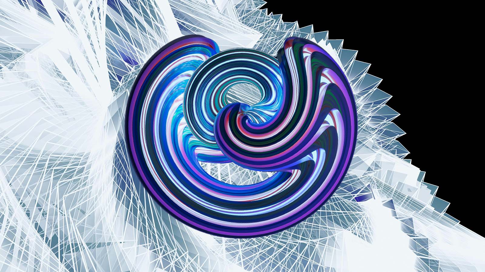 Estrutura tridimensional em espiral, com faixas azuis e roxas, sobre uma rede de linhas brancas.