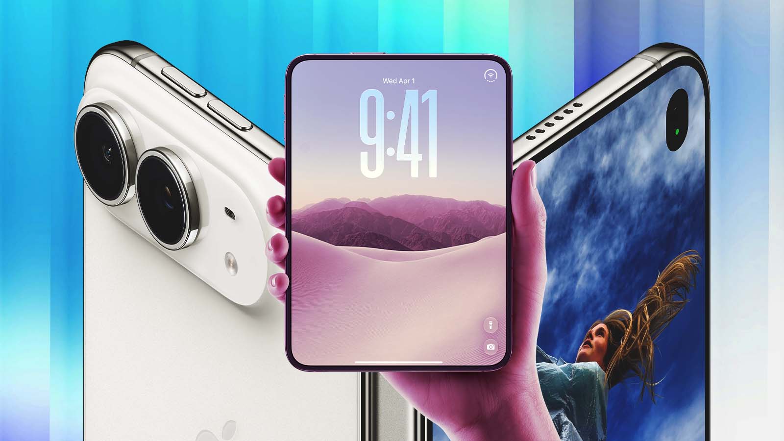 Colagem feita com imagens do iPhone Duo, novo aparelho dobrável da Apple