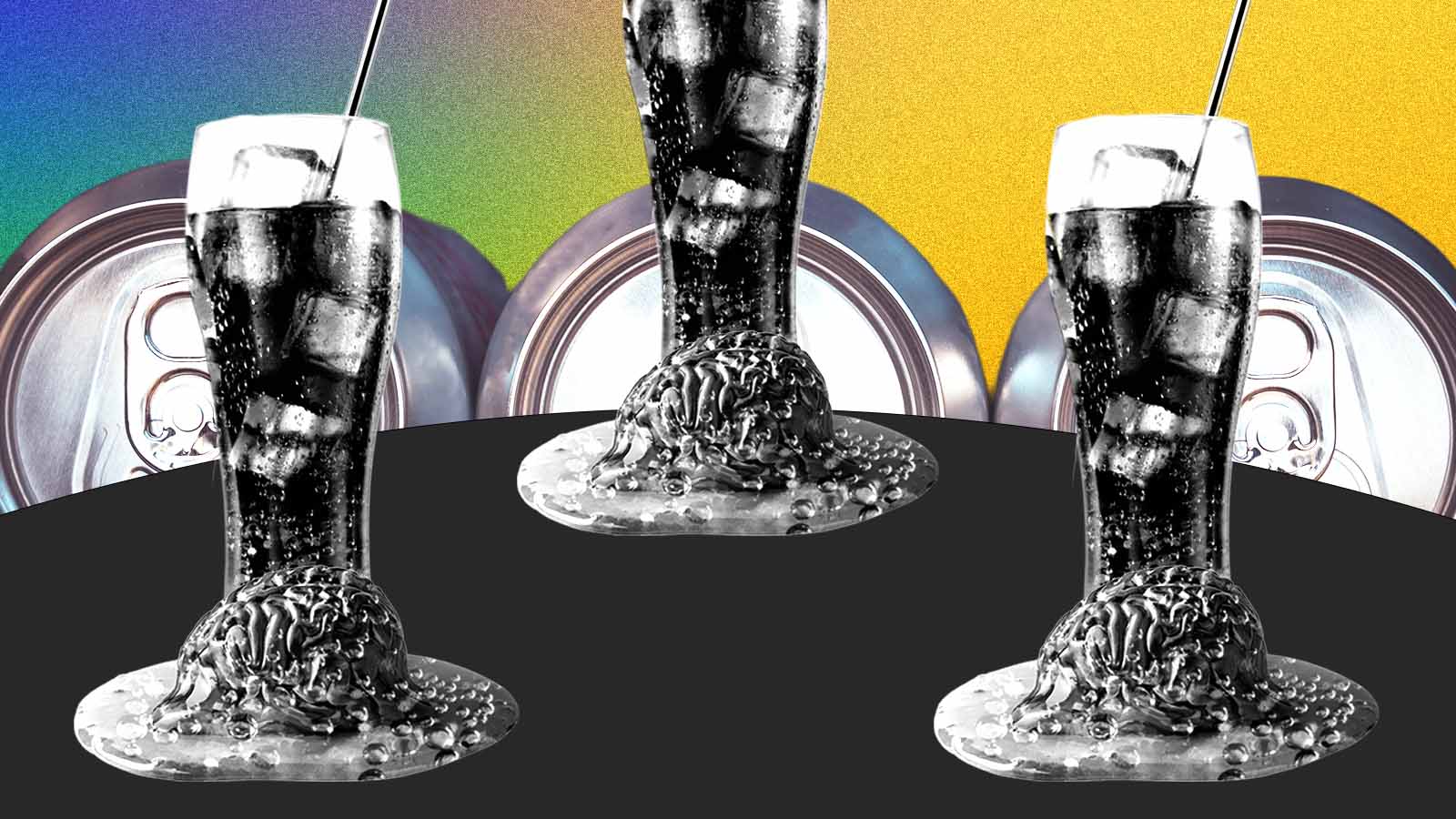 Colagem com copos de refrigerante, latas e representações de cérebros sobre fundo colorido