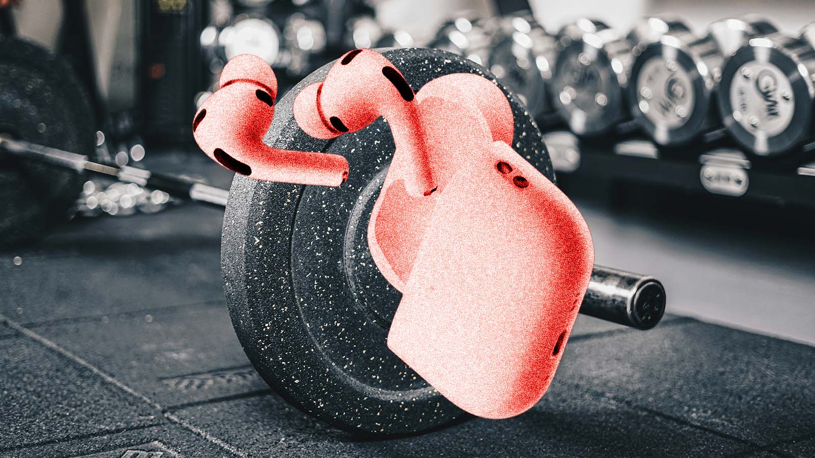 Montagem mostra AirPods cor-de-rosa apoiados em anilhas dentro de uma academia.