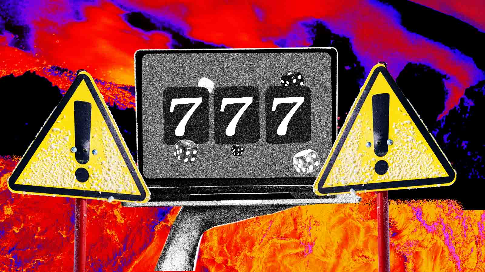 Montagem mostra um notebook com símbolos de cassino entre duas placas de alerta, diante de imagens de calor e tempestade.