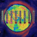 Planeta Terra cercado por termômetros que representam o avanço do aquecimento global.