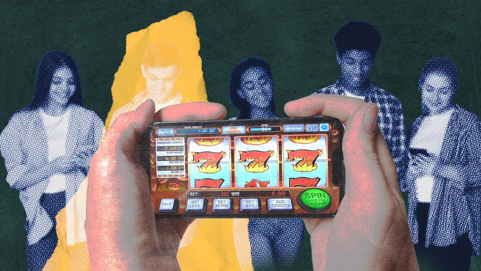 Mãos seguram celular com jogo de apostas diante de um grupo de adolescentes