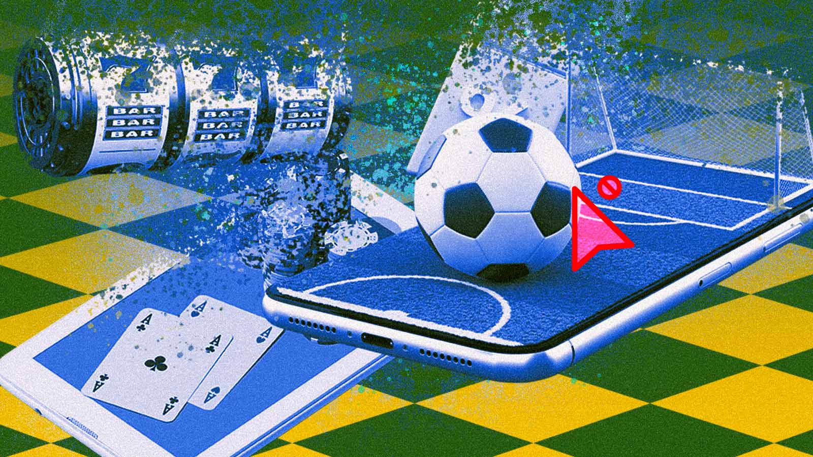 Celular com campo de futebol, bola, cartas e caça-níquel representa a proibição das bets no Brasil.